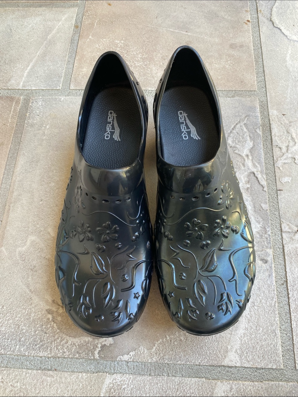 Dansko Black Floral-Embossed Slip-On Clogs size 39